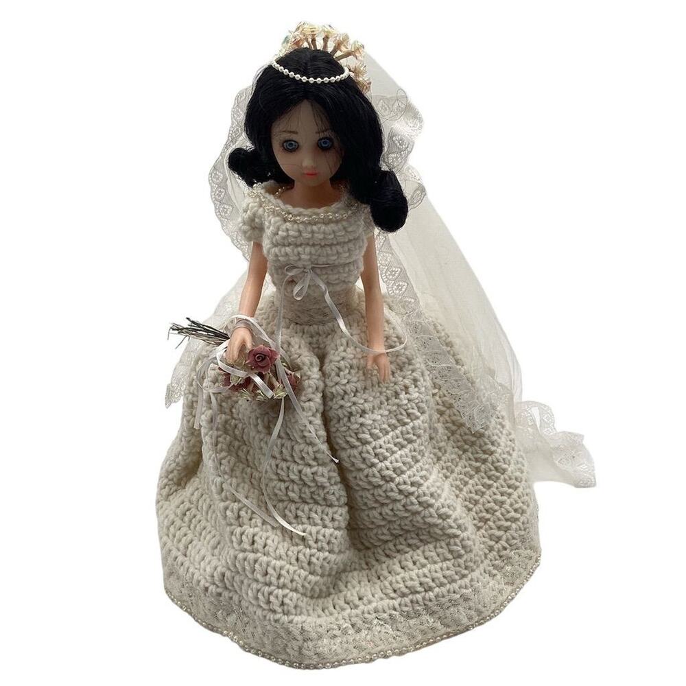 OOAK Vintage Handmade Brunette Doll 15"with Blue Sleepy Eyes & Bridal Dress